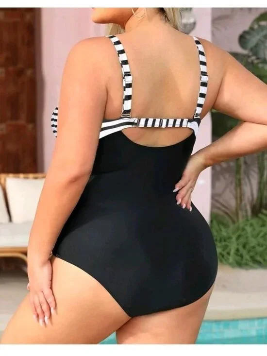 Daci Womens Plus 22W Striped One Piece Swimsuit Tummy Control Retro Ruched NWT - Picture 2 of 7